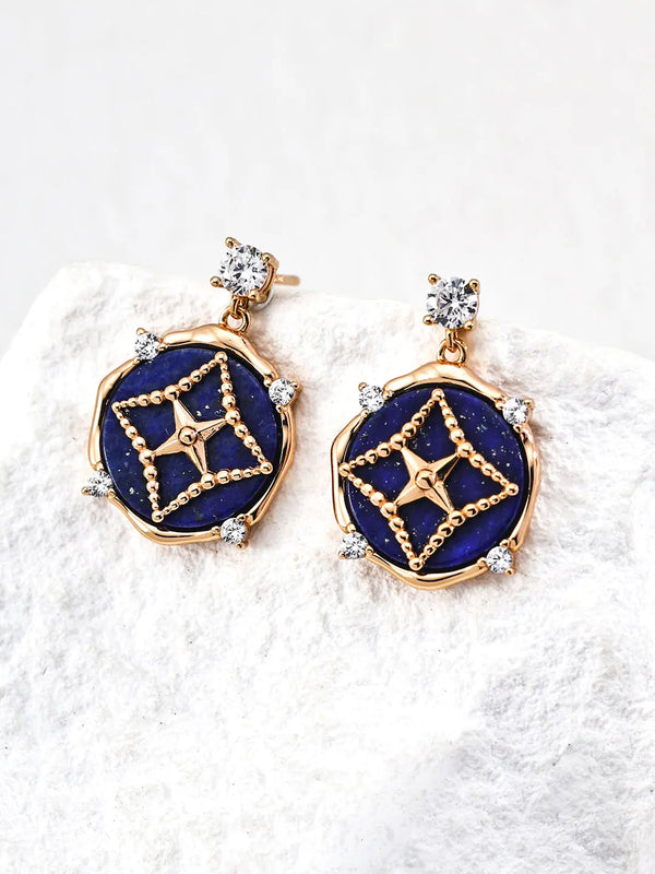 Retro Gold Lapis Lazuli Cubic Zirconia Earrings-0