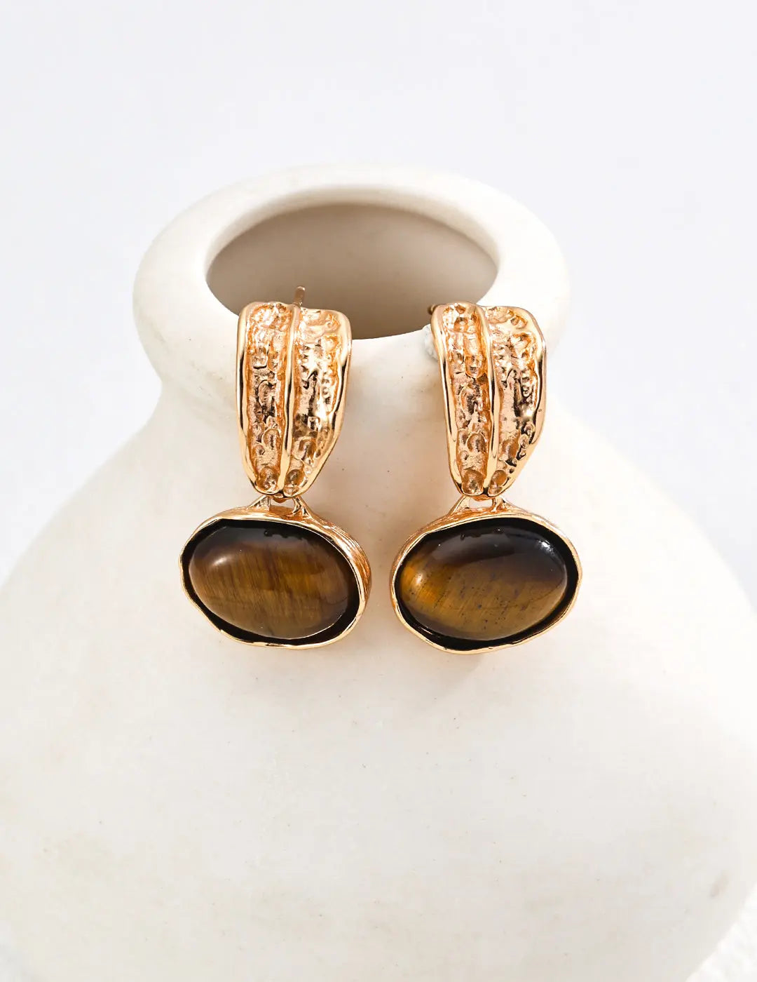 Retro Onyx & Tiger Eye Hoop Earrings - Memoriex 