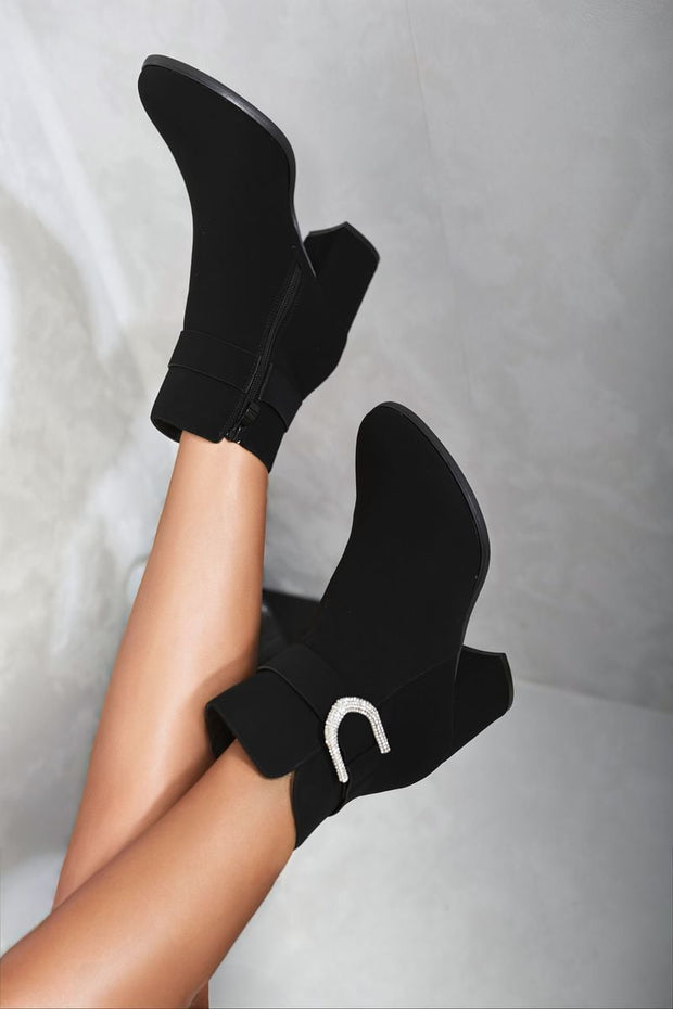 Rhinestone Buckle Chunky Block Heeled Boots - Memoriex 