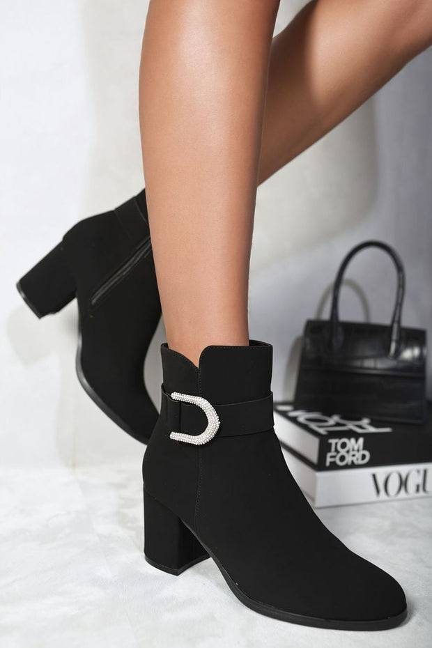 Rhinestone Buckle Chunky Block Heeled Boots - Memoriex 