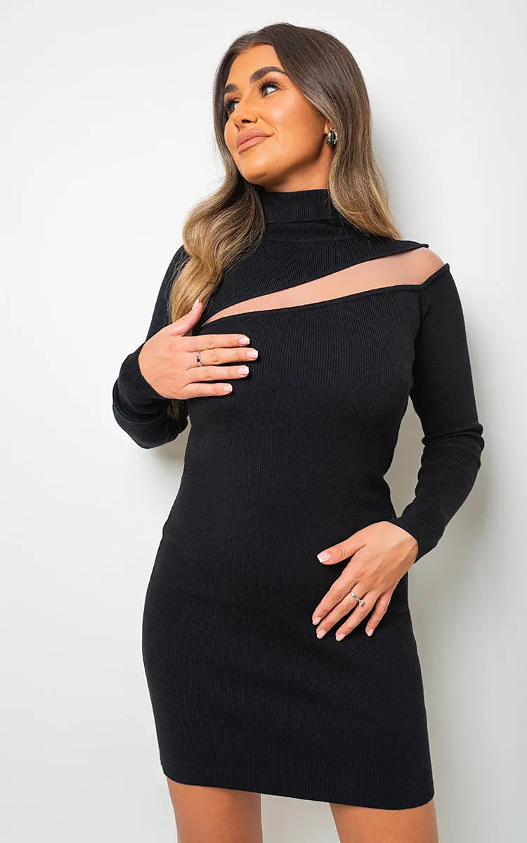 Ribbed Knit High Neck Long Sleeve Mini Dress-7