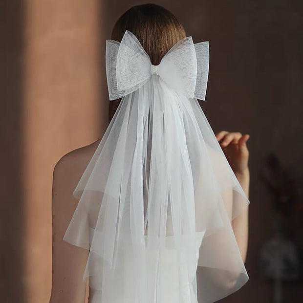 Ribbon Big Bow White Veil Hair Comb Wedding Bride - Memoriex 