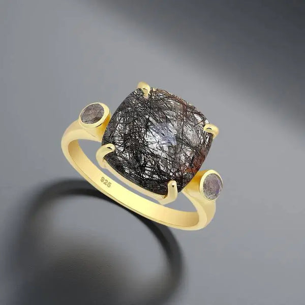 Ring Nebbia - Sterling Silver Rutilated Quartz & Labradorite Ring-0