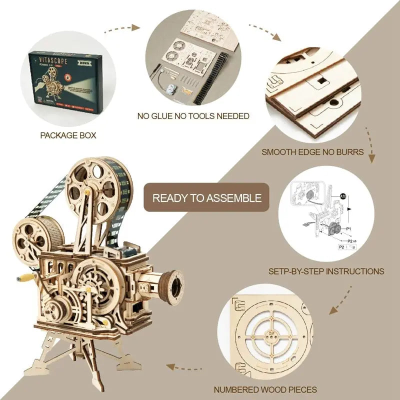 Robotime 183pcs Retro Diy 3D Hand Crank Film Projector Wooden Model Building Kits Assembly Vitascope Toy Gift for Children Adult - Memoriex 