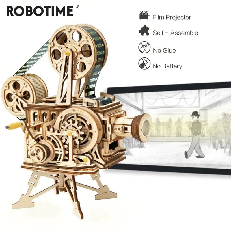 Robotime 183pcs Retro Diy 3D Hand Crank Film Projector Wooden Model Building Kits Assembly Vitascope Toy Gift for Children Adult - Memoriex 