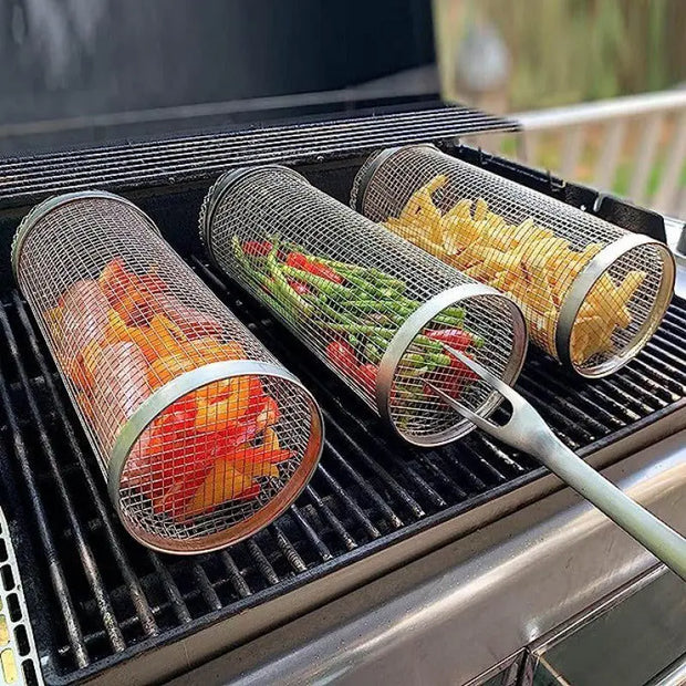 Rolling Grilling Basket Metal BBQ Barbecue Basket Net Portable Outdoor Camping Barbecue Rack Kitchen Gadgets - Memoriex 