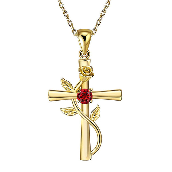 Gold-tone Sacred Rose Cross necklace featuring a vibrant red birthstone pendant for a Milestone Gift.Memoriex 