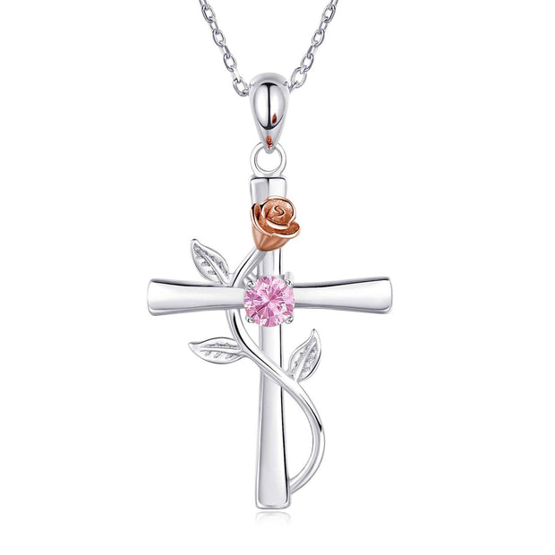 Rose Cross Necklace With Rhinestone Fashion Personality 12 Month Birthstones Pendant Necklace For Valentine's Day Birthday Gift - Memoriex 