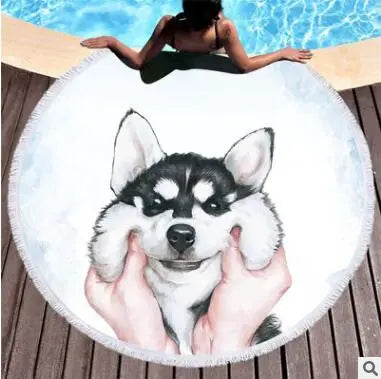 Round Beach Towel For Kids With Tassel Blanket Husky Printed Microfiber Bath Towel Large 150cm Yoga Mat Blanket - Memoriex 