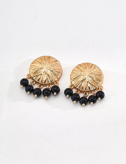 Round Black Onyx Drop Earrings-0