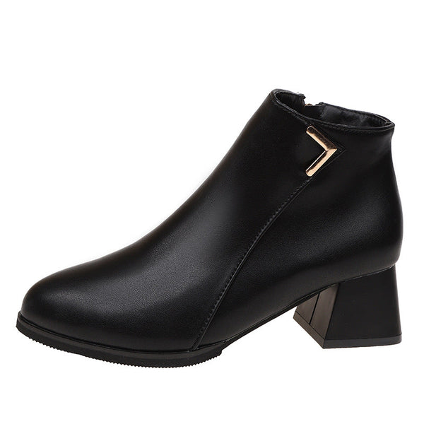 Round Head Chunky Heel Short European And American Style Solid Color Women's Martin Boots - Memoriex 