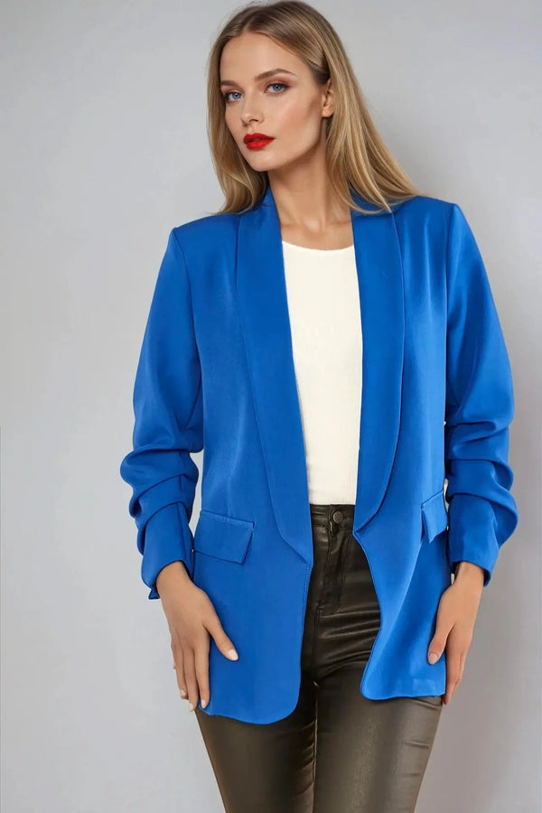 Royal Blue Blazer with Ruched Sleeves-0