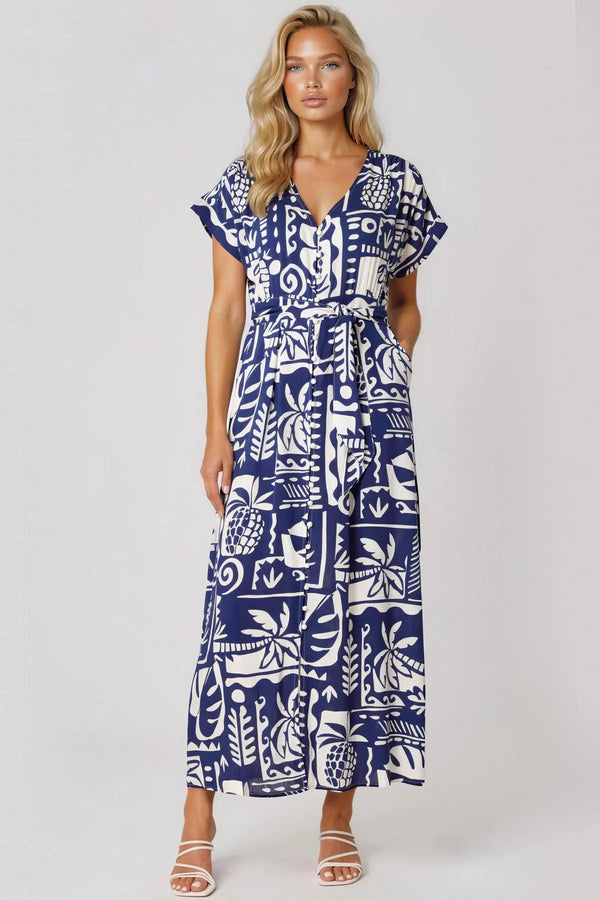 Royal Blue Tropical Print Tie Waist Maxi Dress-0