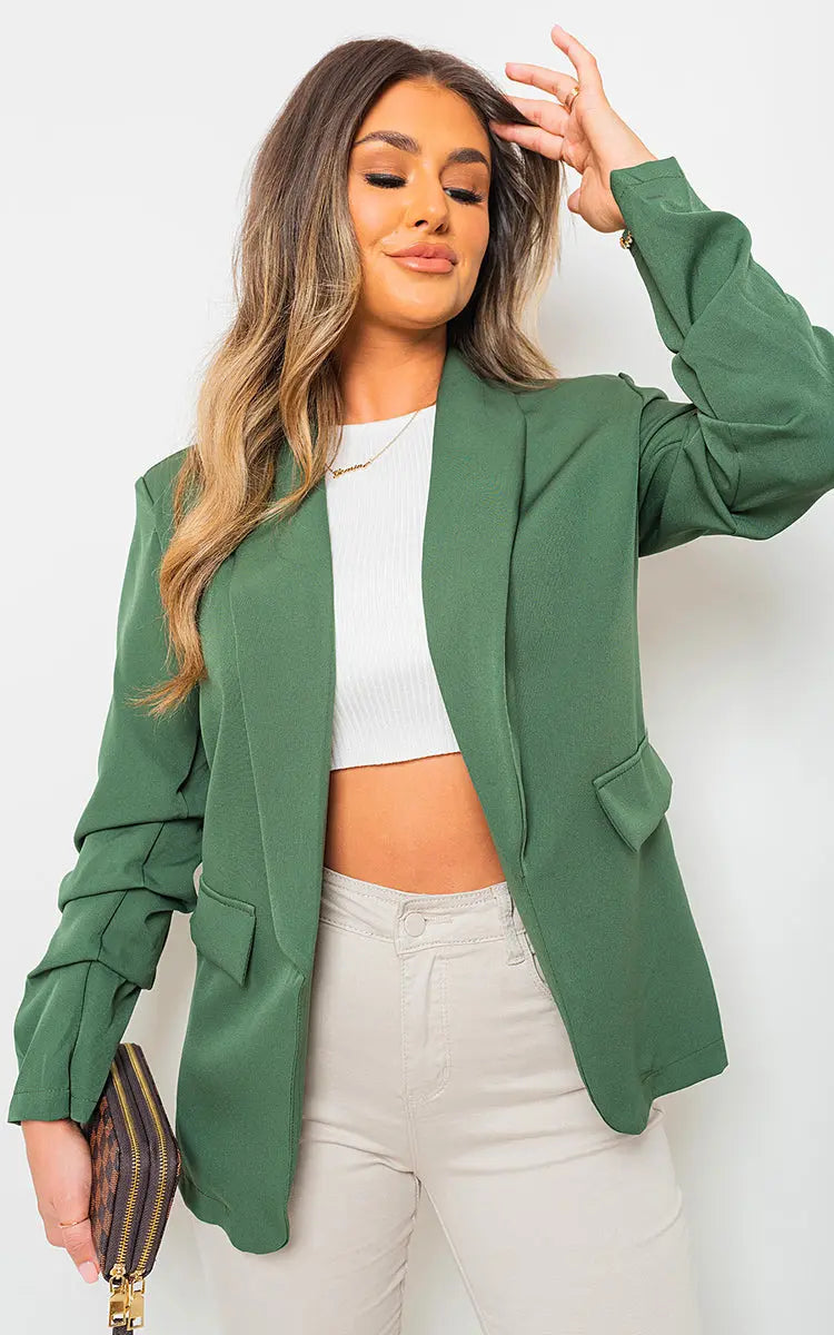 Ruched Sleeve Casual Blazer with Side Pockets - Memoriex 