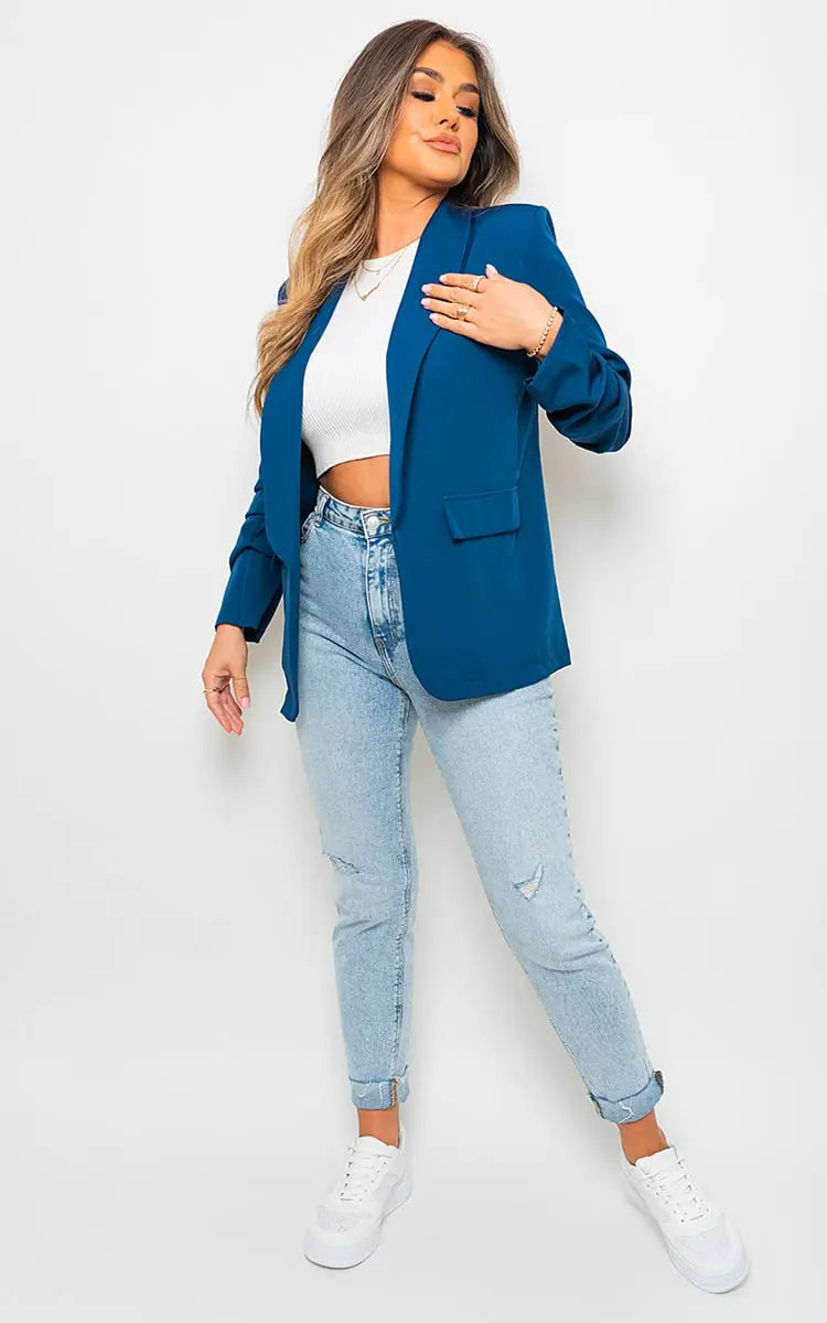 Ruched Sleeve Casual Blazer with Side Pockets - Memoriex 