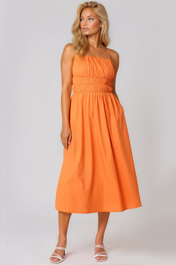 Orange Ruched Strappy Cotton Midi Dress-0