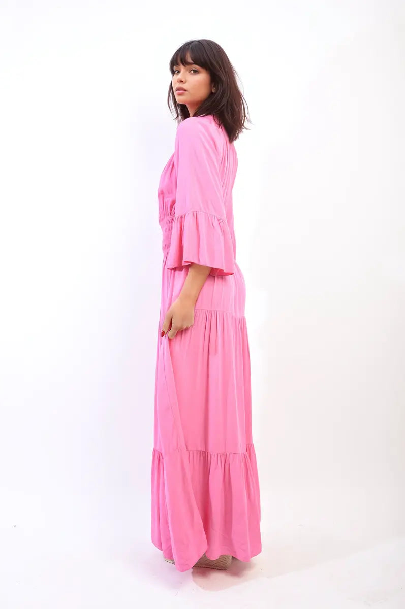 Ruffle Hem Sleeve Shirred Waist Tiered Maxi Dress-1