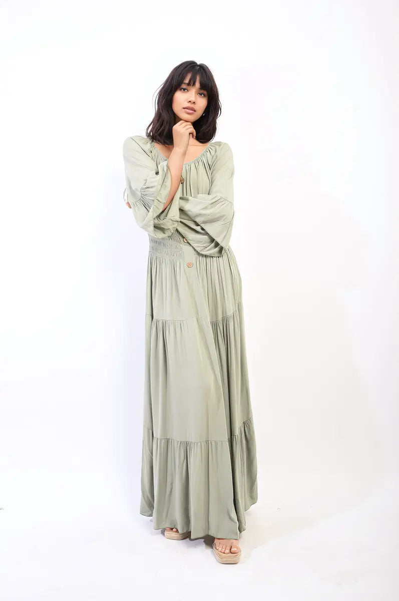 Ruffle Hem Sleeve Shirred Waist Tiered Maxi Dress-5