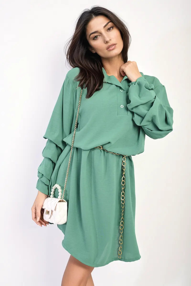 Ruffle Sleeve Pocket Button Front Blouse Dress-4