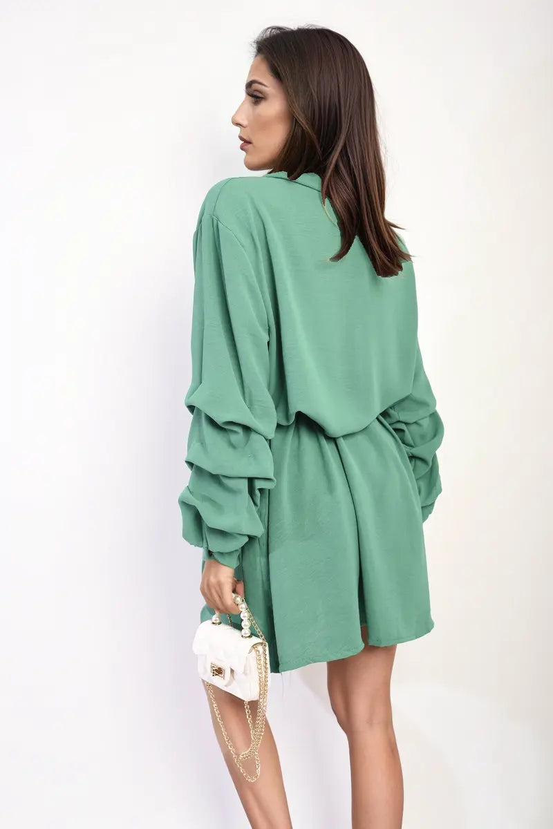 Ruffle Sleeve Pocket Button Front Blouse Dress-5