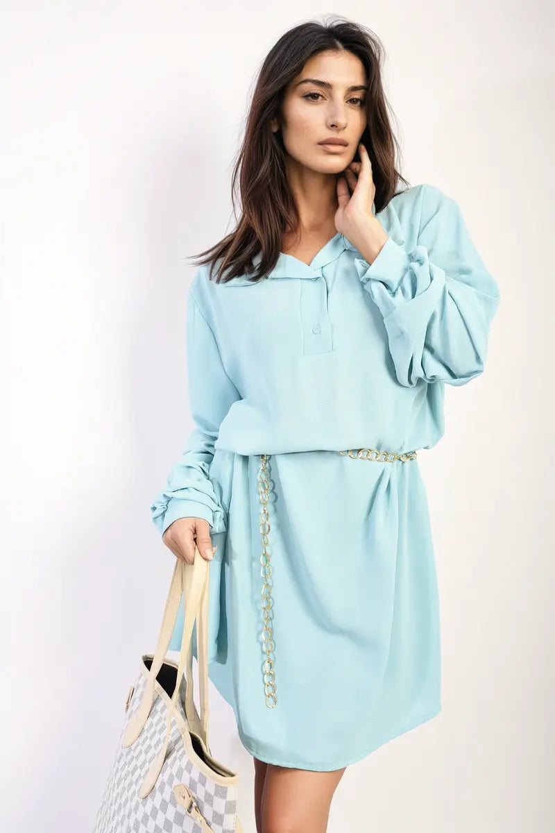 Ruffle Sleeve Pocket Button Front Blouse Dress-16