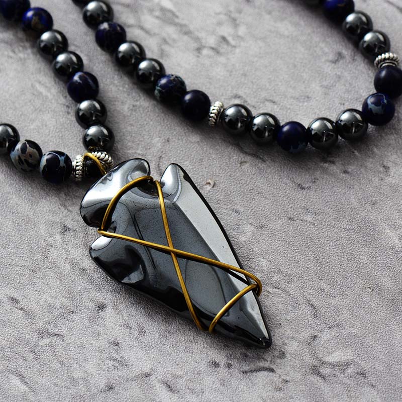 Imperial Jasper & Hematite Steampunk Arrowhead Necklace-1