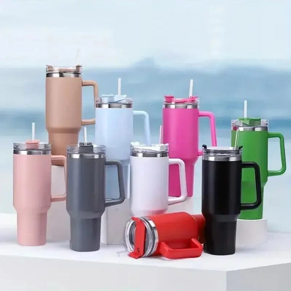 40oz Insulated Tumbler with Handle & Straw, 1200ML Travel Coffee Cup-0