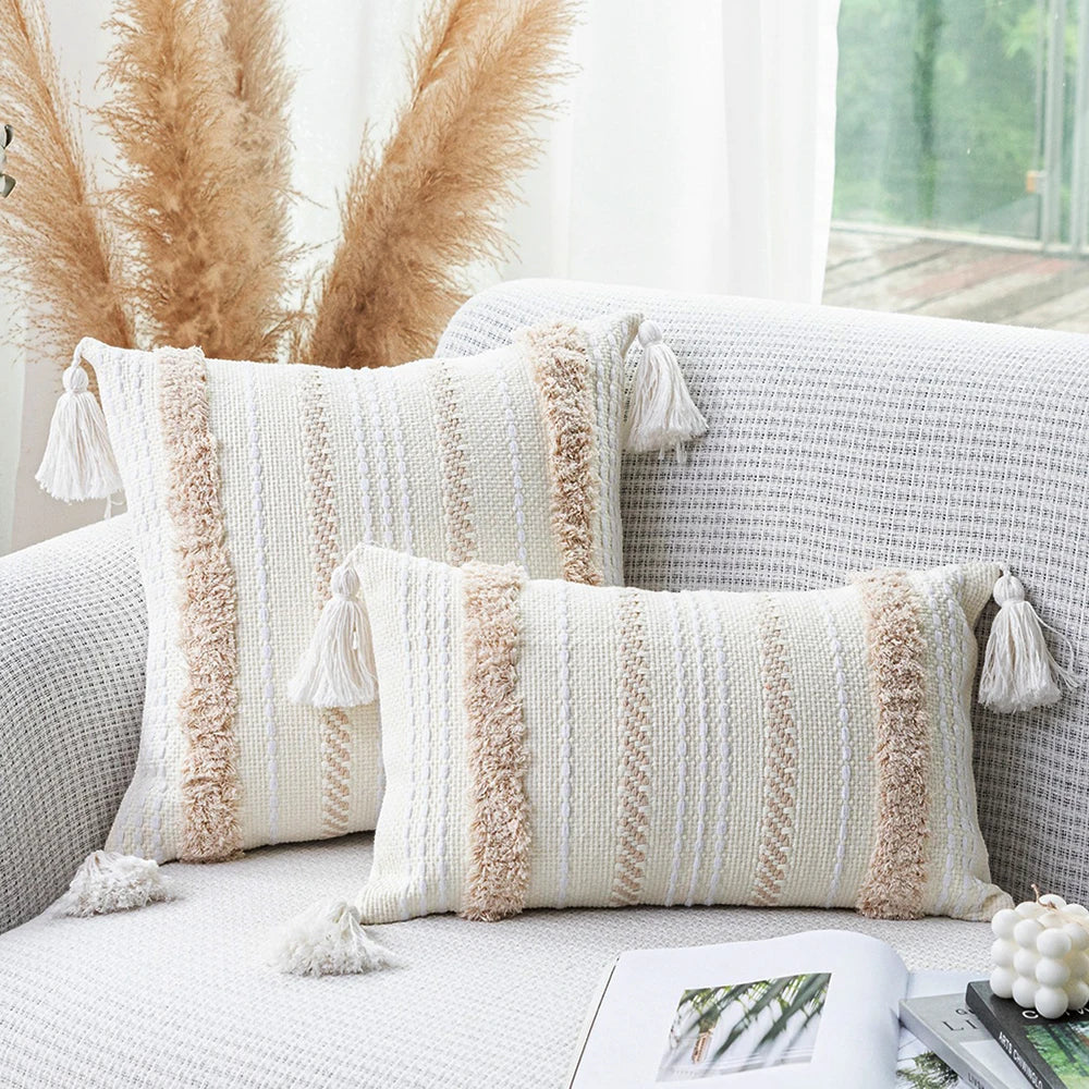 Tassels Neutral Woven Cushion Cover-0