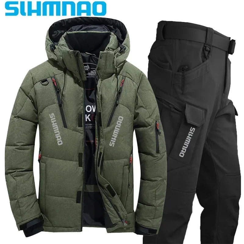 Men's Goose Down Jacket and Tactical Pants, Winter Fishing Suit, Warm, Snow Skiing, Mountain Climbing, Hunting Sportswear - Memoriex 