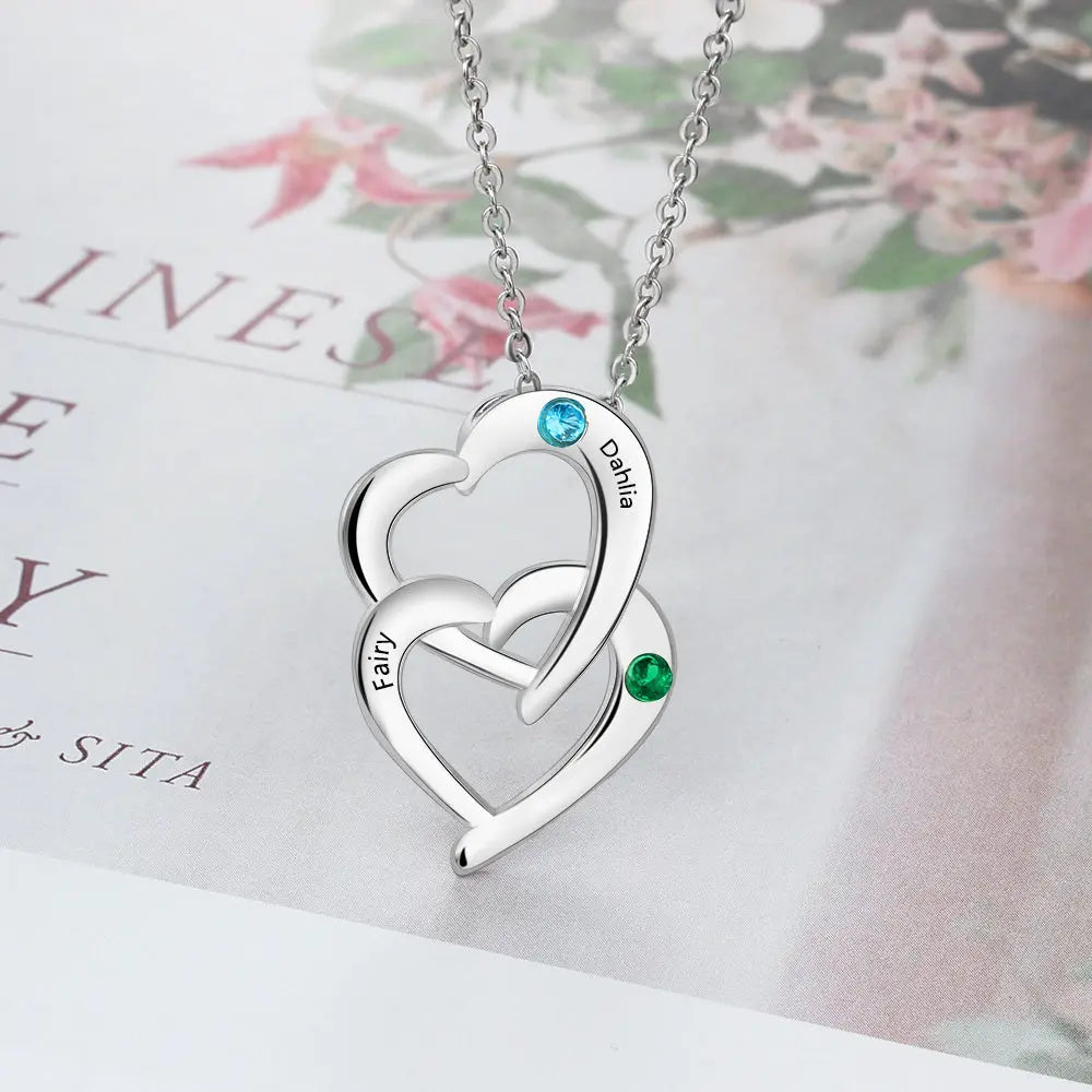 S925 Engraved Names Birthstones Double Heart Pedant Necklace-3