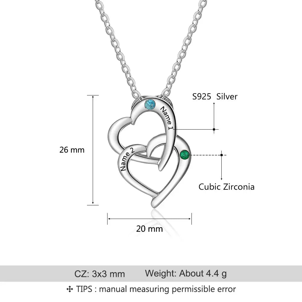 S925 Engraved Names Birthstones Double Heart Pedant Necklace-4