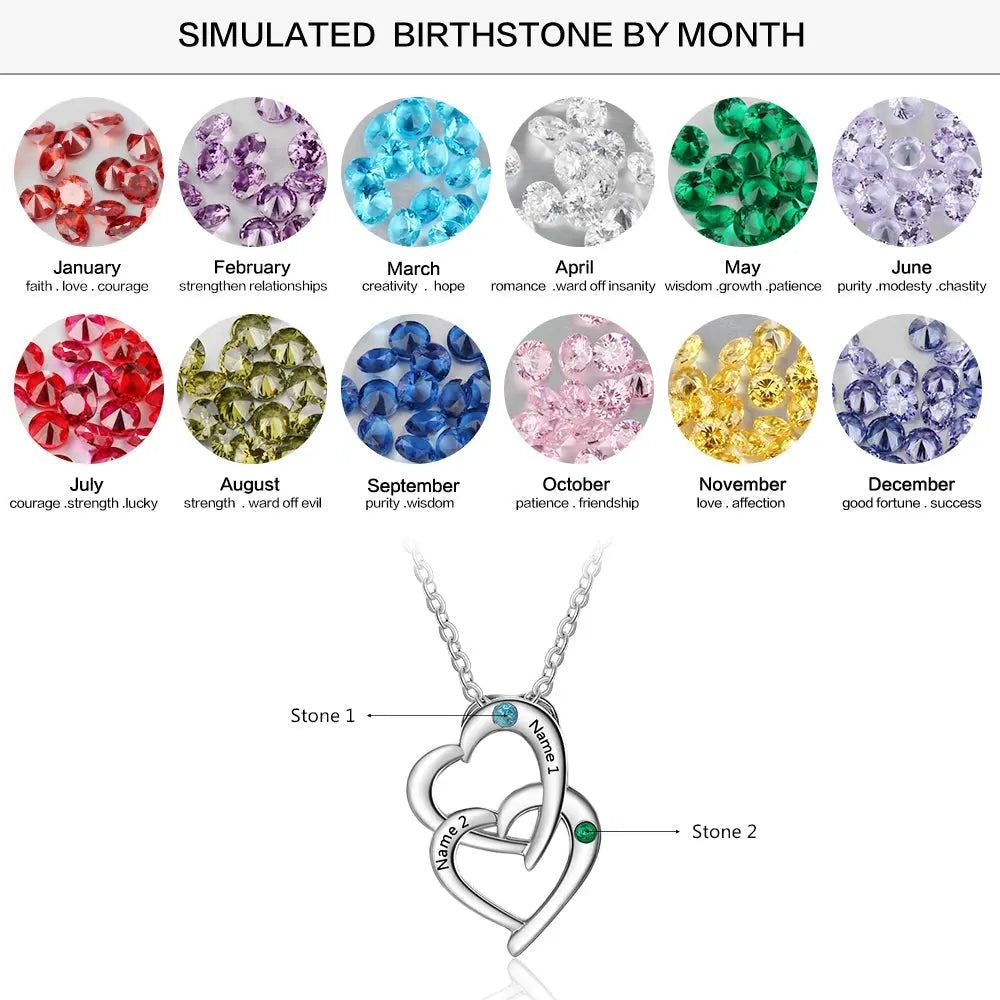 S925 Engraved Names Birthstones Double Heart Pedant Necklace-5