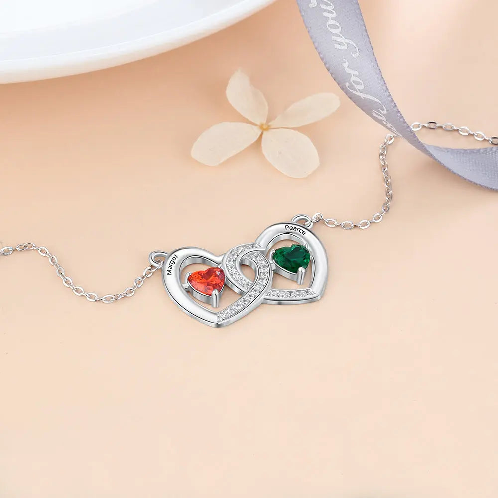 S925 Heart Shape Birthstones Heart Pendant Necklace with Engraving Name-1