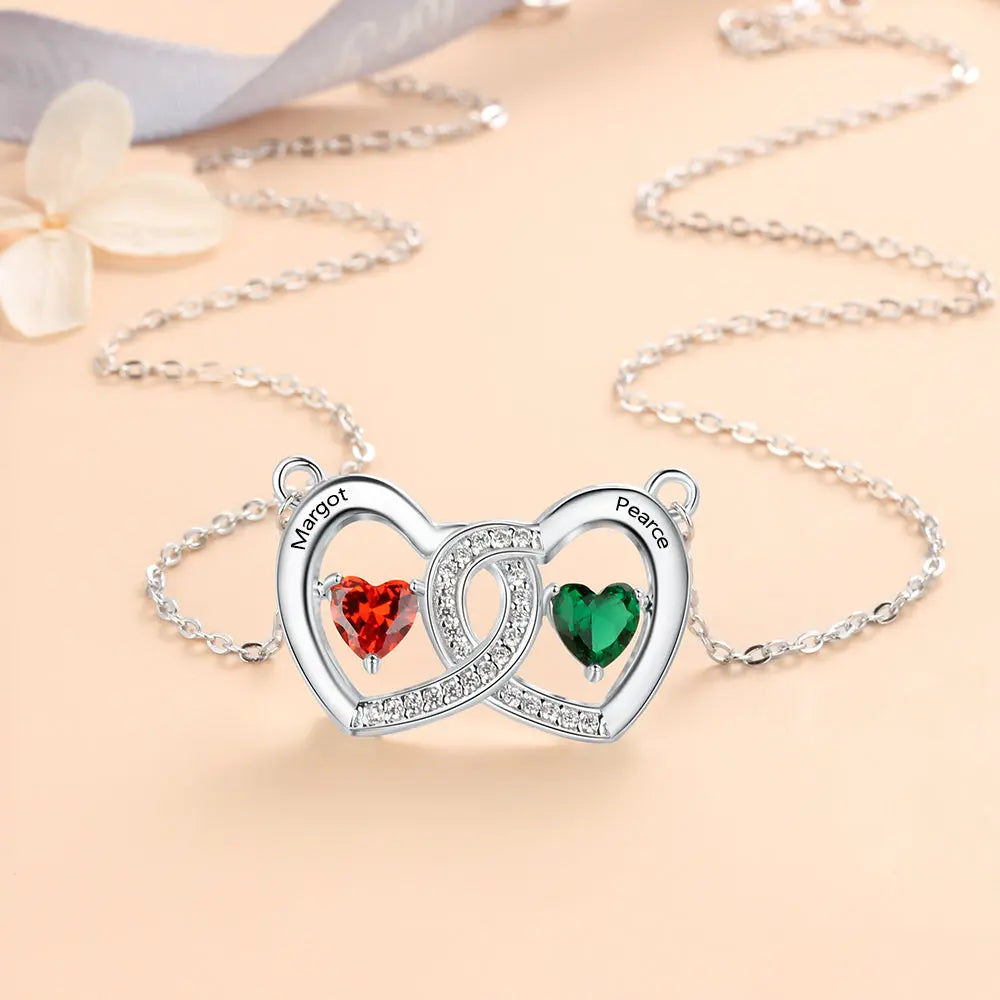 S925 Heart Shape Birthstones Heart Pendant Necklace with Engraving Name-2