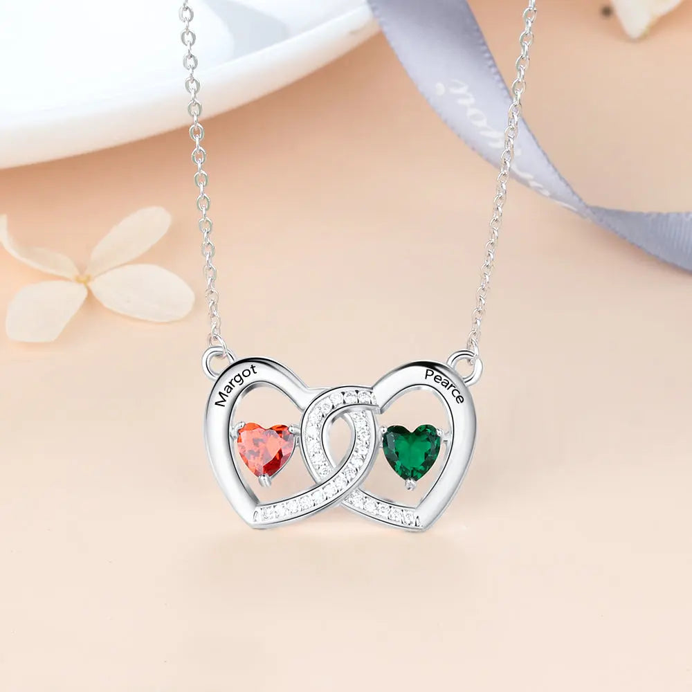 S925 Heart Shape Birthstones Heart Pendant Necklace with Engraving Name-3