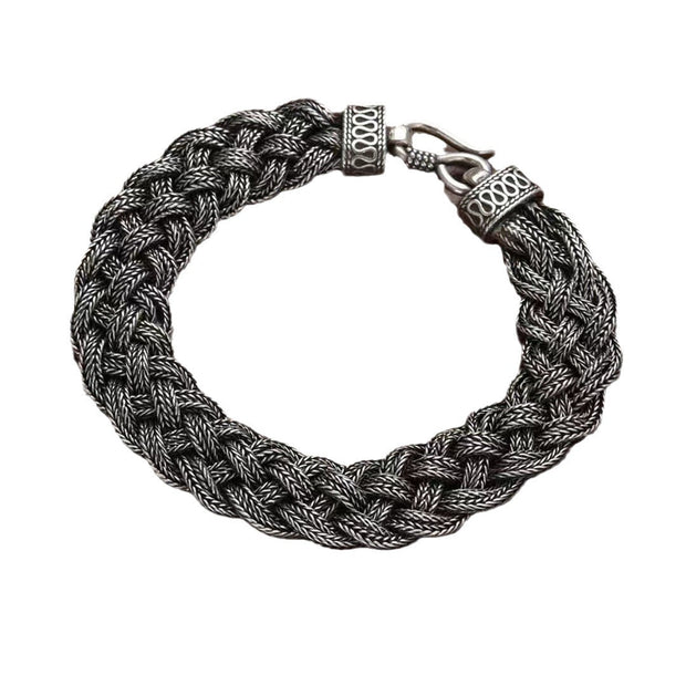 S925 Sterling Silver Men's Vintage Hand-woven Double Braid Three-strand Horse Tail Bracelet - Memoriex 