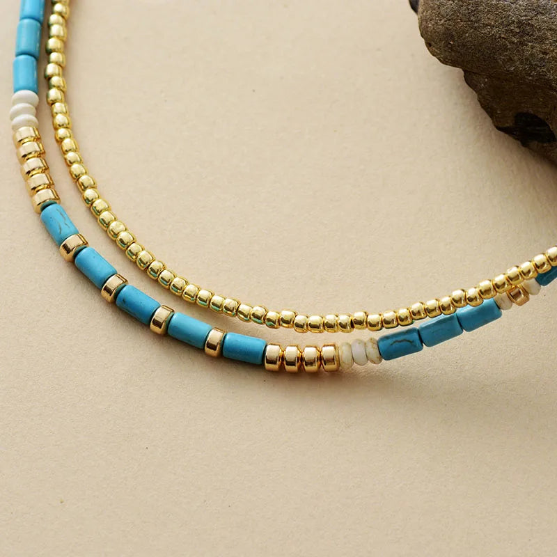 Turquoise & Gold Seed Beads Necklace-2