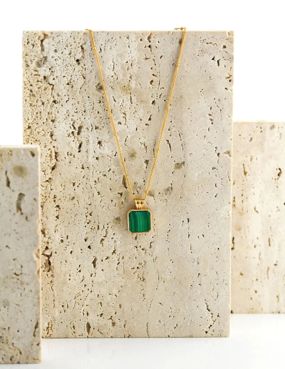 Satellite Chain Square Malachite Pendant Necklace-4