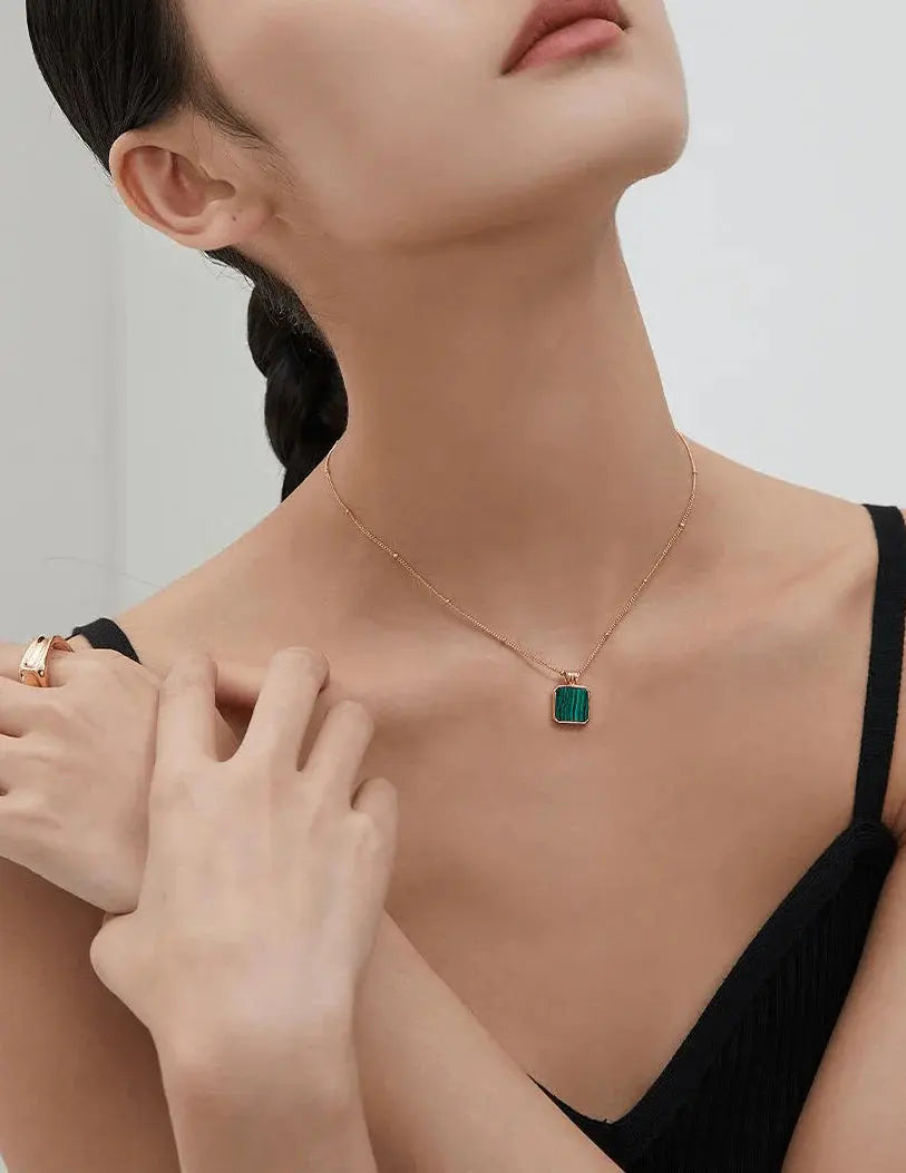 Satellite Chain Square Malachite Pendant Necklace-2