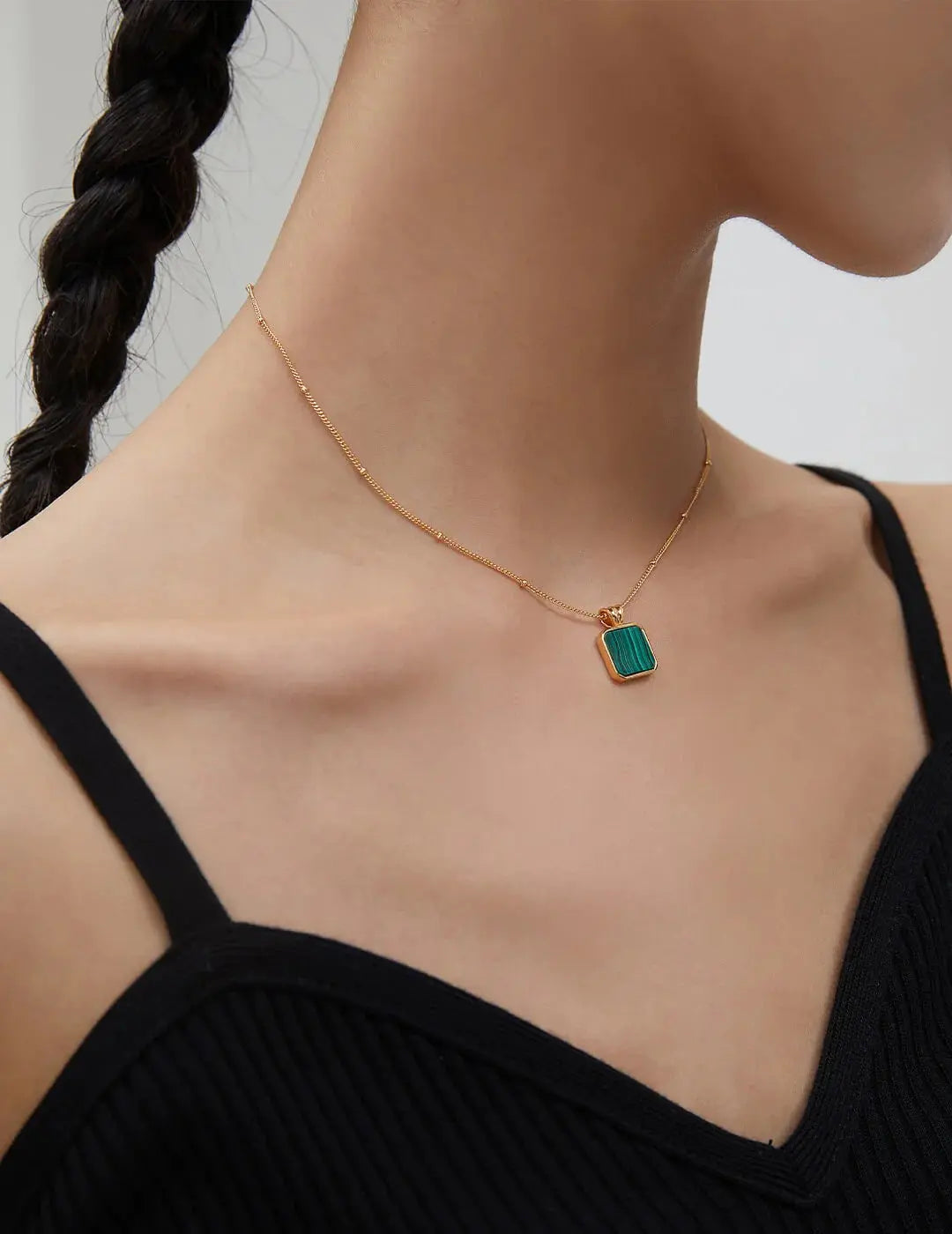 Satellite Chain Square Malachite Pendant Necklace-3