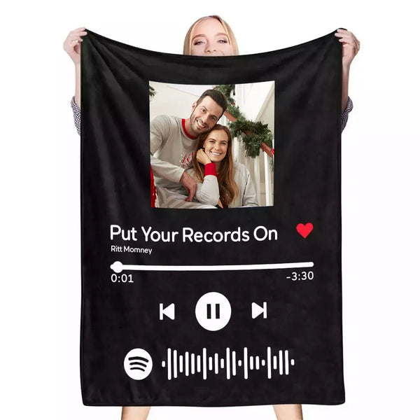 Scannable Music Code Photo Engraved Black Blanket with Package Gift for Couple - Memoriex