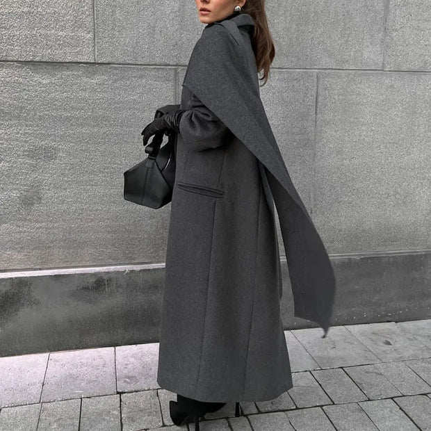 Scarf colla coat cloak long vintage coat gray fashion jacket - Memoriex 