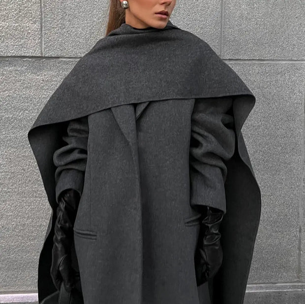 Scarf colla coat cloak long vintage coat gray fashion jacket - Memoriex 