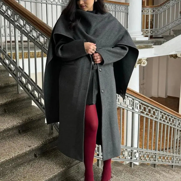 Scarf colla coat cloak long vintage coat gray fashion jacket - Memoriex 