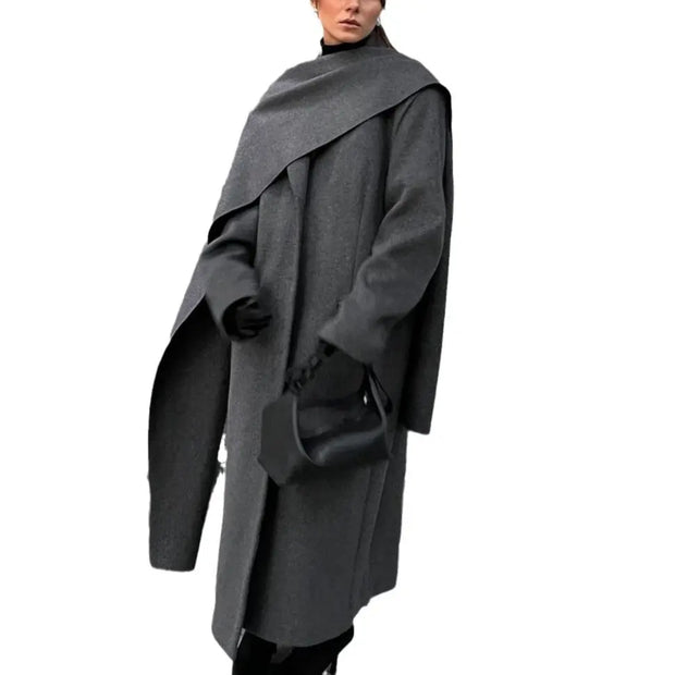 Scarf colla coat cloak long vintage coat gray fashion jacket - Memoriex 