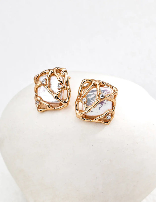 Sculptural Pearl Zircon Stud Earrings-1