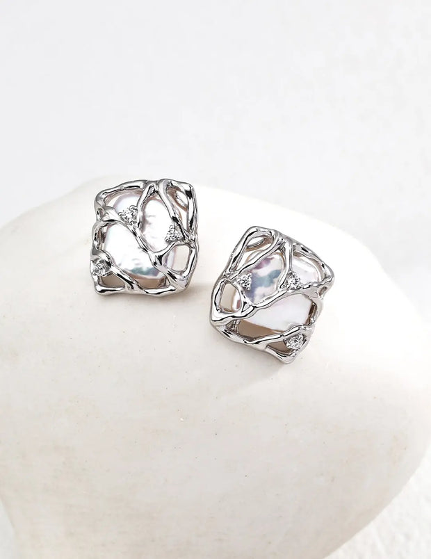Sculptural Pearl Zircon Stud Earrings-2