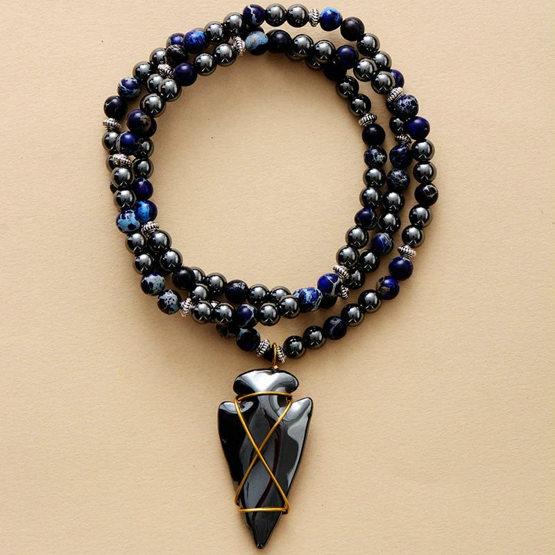 Imperial Jasper & Hematite Steampunk Arrowhead Necklace-2