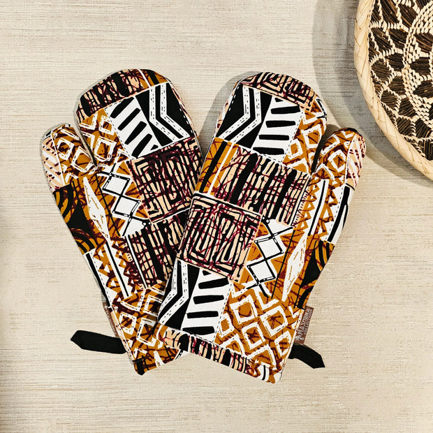 Set of 2 Oven Gloves | Handmade "Mudcloth" Bogolan Print Inspired African Print-0