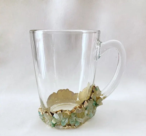 Set of 2 |Crystal Glass Coffee/Tea/Juice Mugs with Gold Plated Agate/Quartz Semi-precious Crystals | 11 oz/320 ml-0